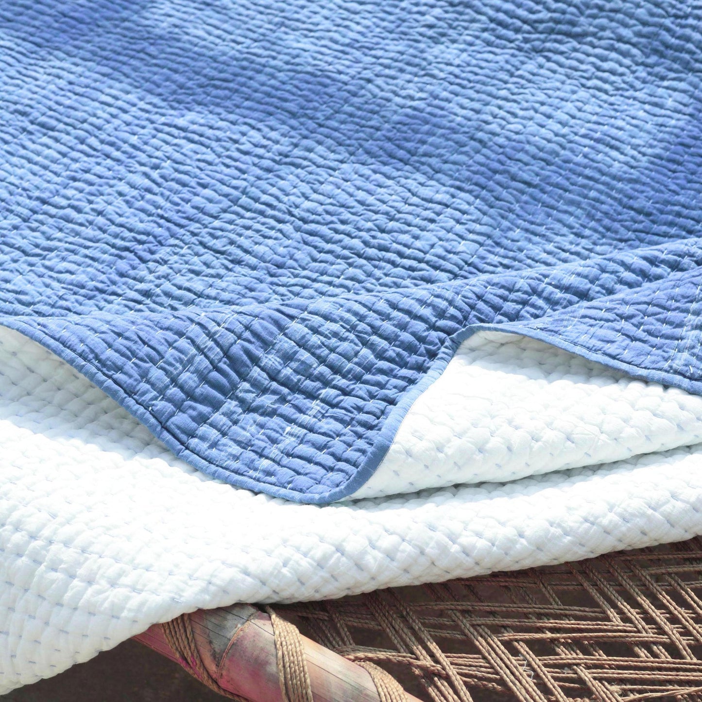 Denim Blue Stonewashed Kantha Quilt – 100% Cotton Twin/Queen/King