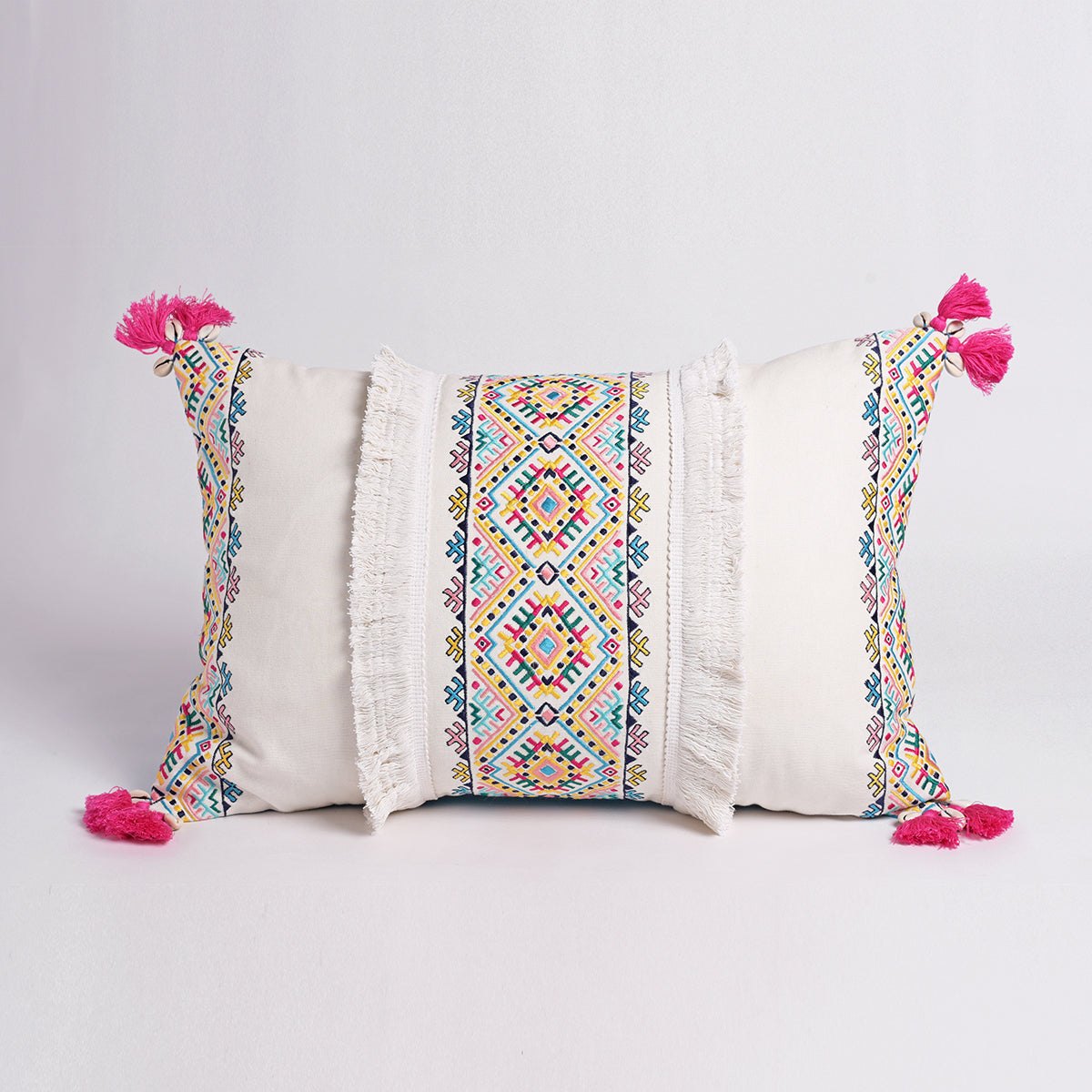 Banjara Embroidered Cotton Cushion Cover | Pastel Peruvian Boho | Tassels & Fringe | 2 Sizes