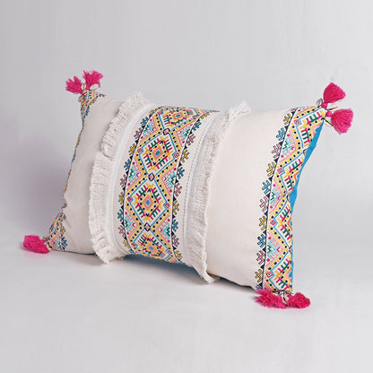 Banjara Embroidered Cotton Cushion Cover | Pastel Peruvian Boho | Tassels & Fringe | 2 Sizes