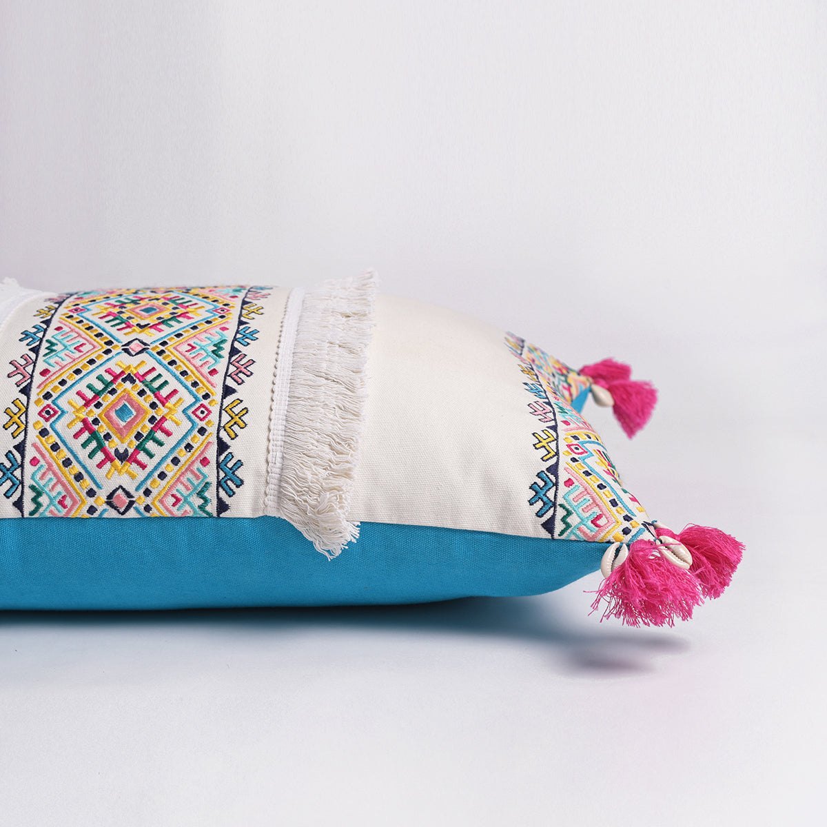 Banjara Embroidered Cotton Cushion Cover | Pastel Peruvian Boho | Tassels & Fringe | 2 Sizes
