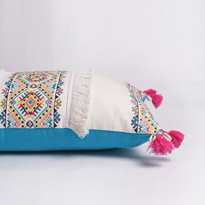 Banjara Embroidered Cotton Cushion Cover | Pastel Peruvian Boho | Tassels & Fringe | 2 Sizes