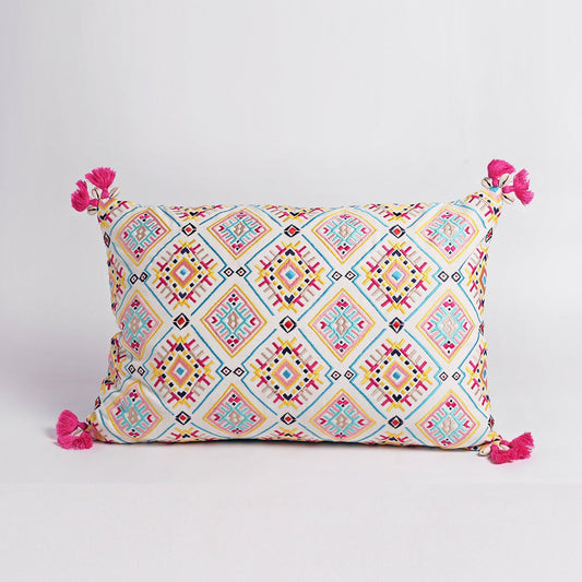 Banjara Embroidered Cushion Cover | Multicolour Peruvian tile pattern | Tassels | 2 Sizes