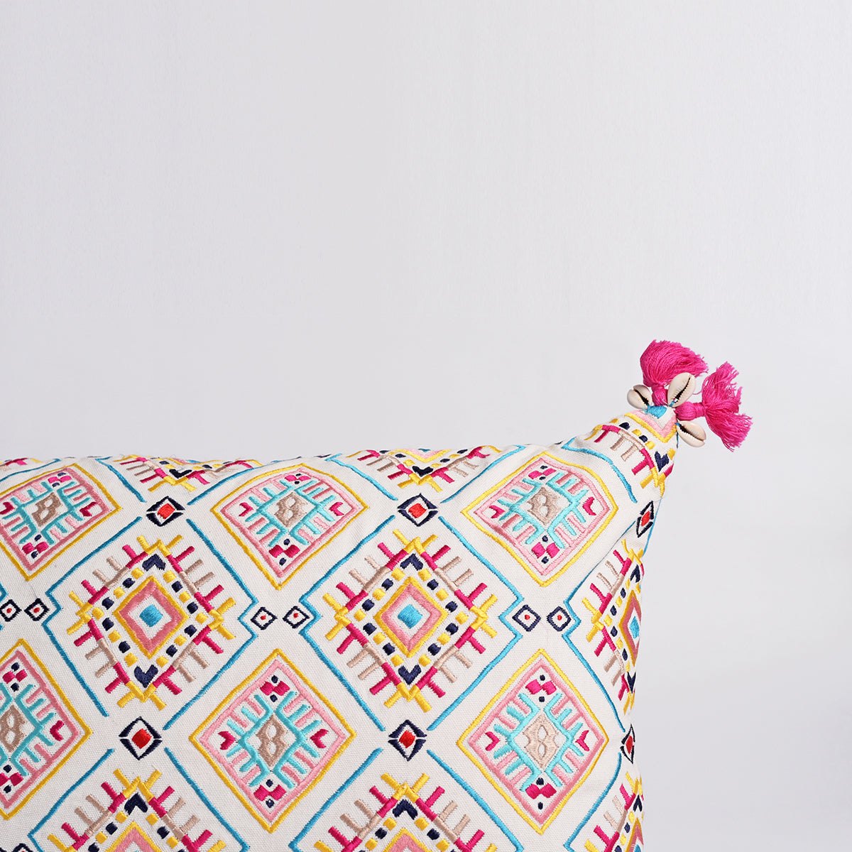 Banjara Embroidered Cushion Cover | Multicolour Peruvian tile pattern | Tassels | 2 Sizes