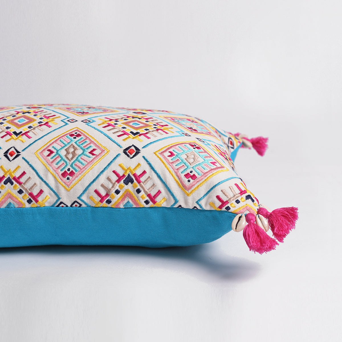 Banjara Embroidered Cushion Cover | Multicolour Peruvian tile pattern | Tassels | 2 Sizes