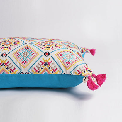 Banjara Embroidered Cushion Cover | Multicolour Peruvian tile pattern | Tassels | 2 Sizes