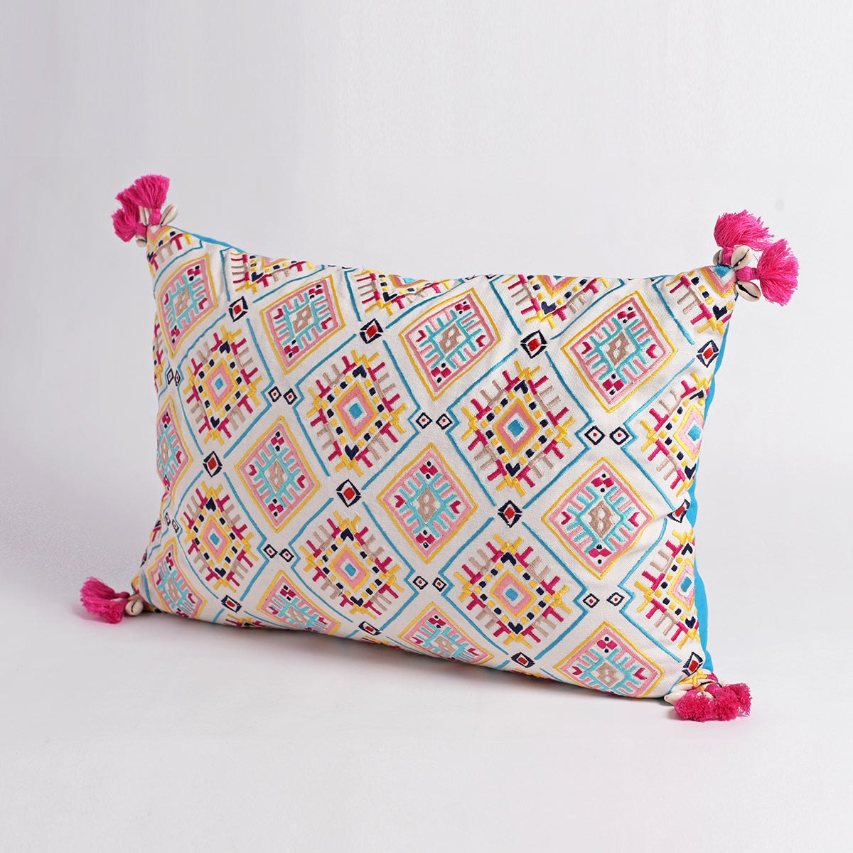 Banjara Embroidered Cushion Cover | Multicolour Peruvian tile pattern | Tassels | 2 Sizes
