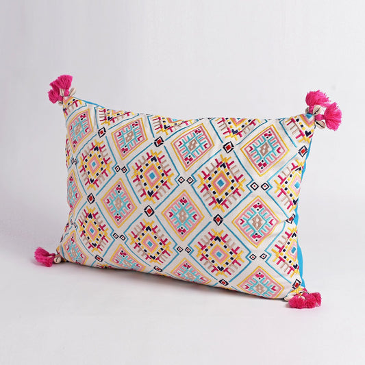 Banjara Embroidered Cushion Cover | Multicolour Peruvian tile pattern | Tassels | 2 Sizes