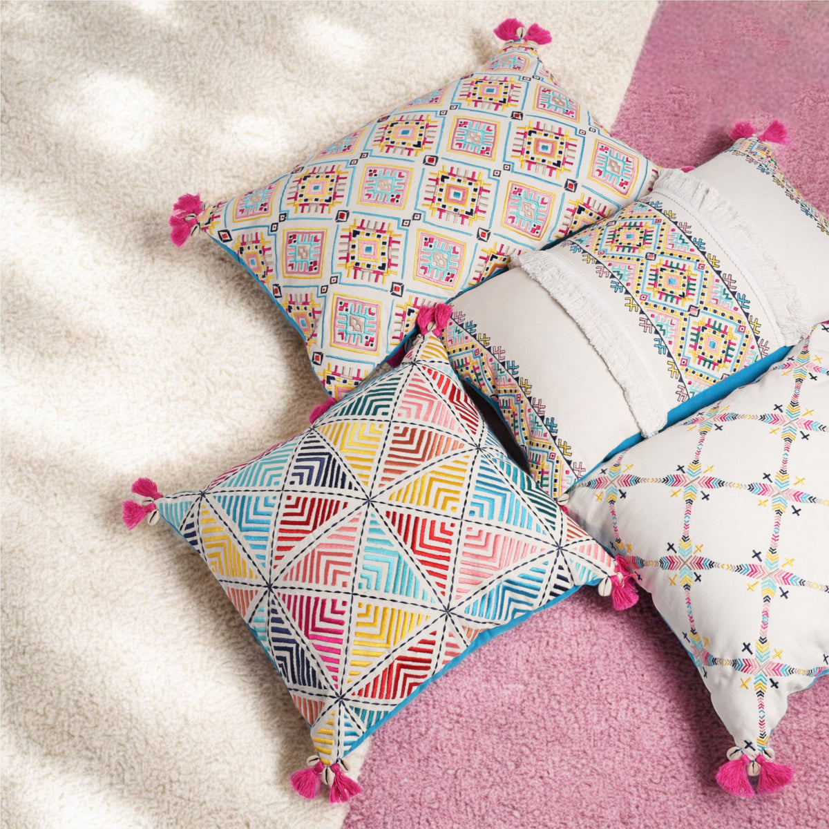 Banjara Embroidered Cotton Cushion Cover | Pastel Peruvian Boho | Tassels & Fringe | 2 Sizes