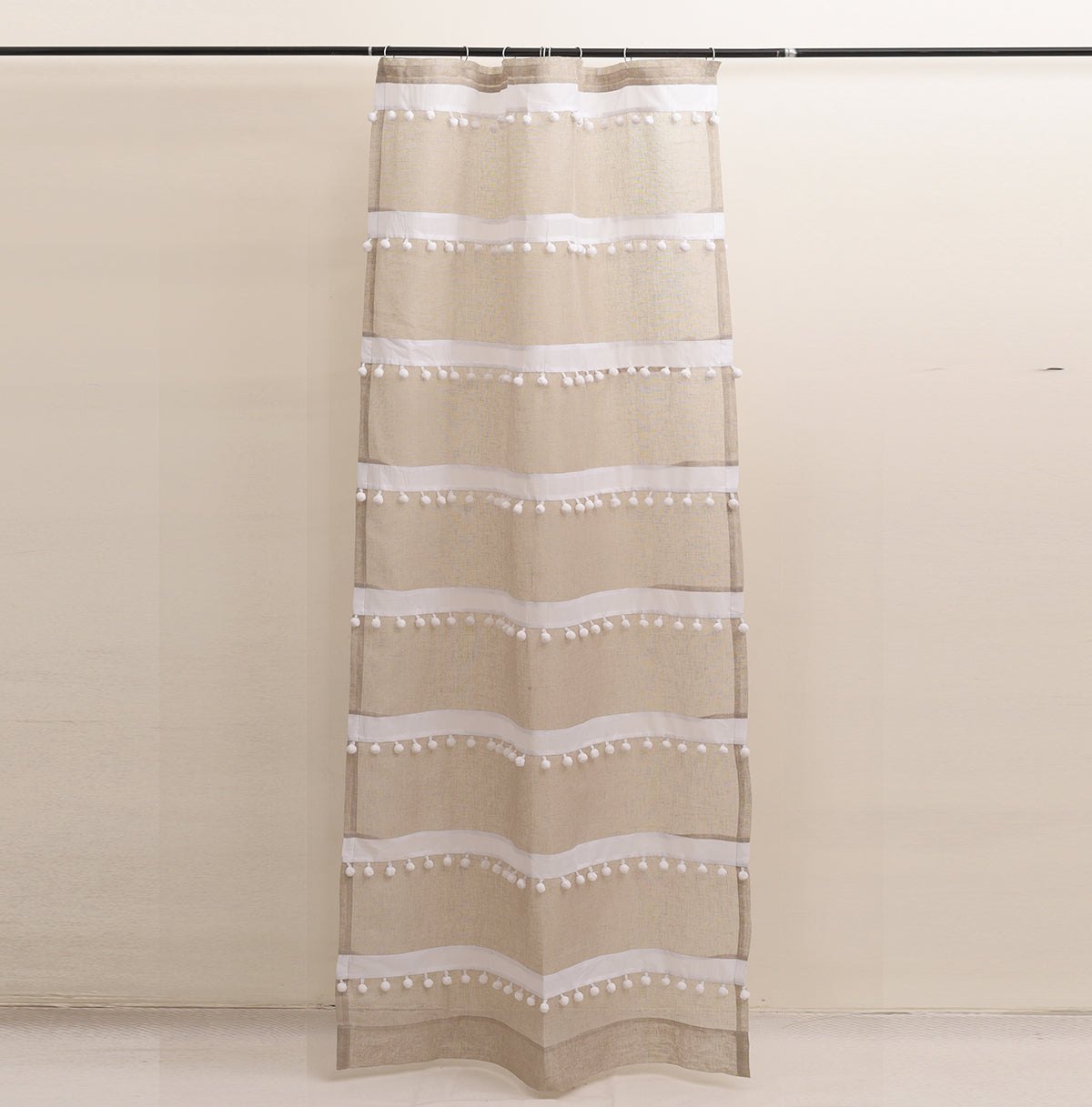 Natural White Sheer Linen Curtain Panel with Striped Pompom Lace