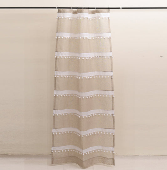 Natural White Sheer Linen Curtain Panel with Striped Pompom Lace