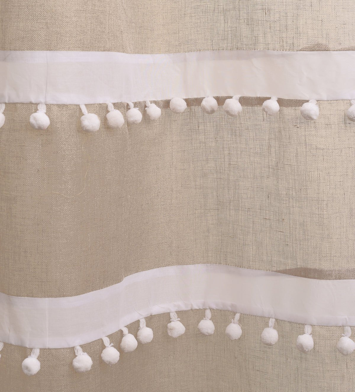 Natural White Sheer Linen Curtain Panel with Striped Pompom Lace