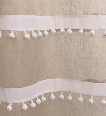 Natural White Sheer Linen Curtain Panel with Striped Pompom Lace