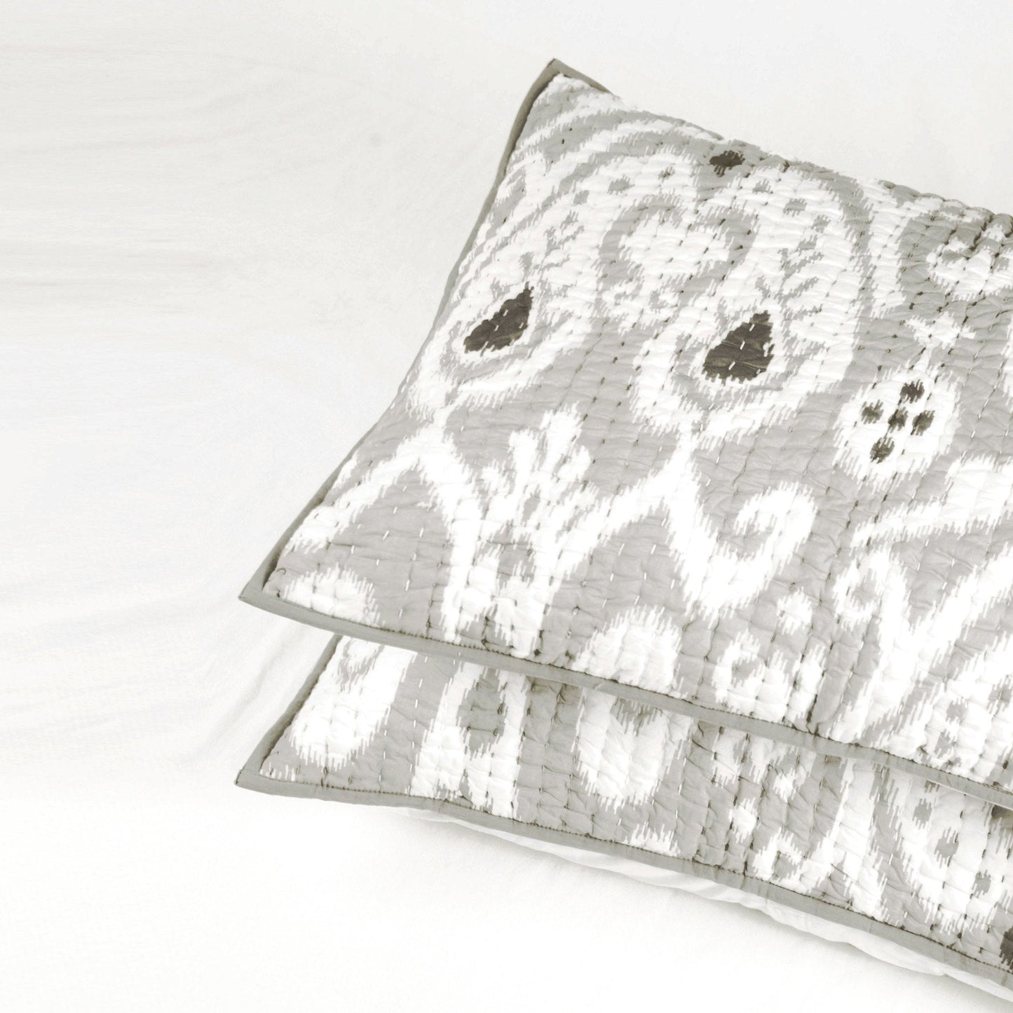 Grey Ikat Print Kantha Quilt Set with Stripe Pattern
