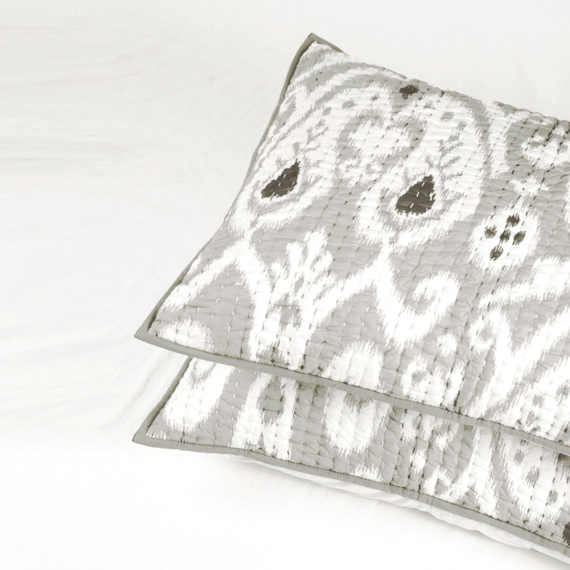 Grey Ikat Print Kantha Quilt Set with Stripe Pattern