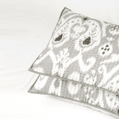 Grey Ikat Print Kantha Quilt Set with Stripe Pattern