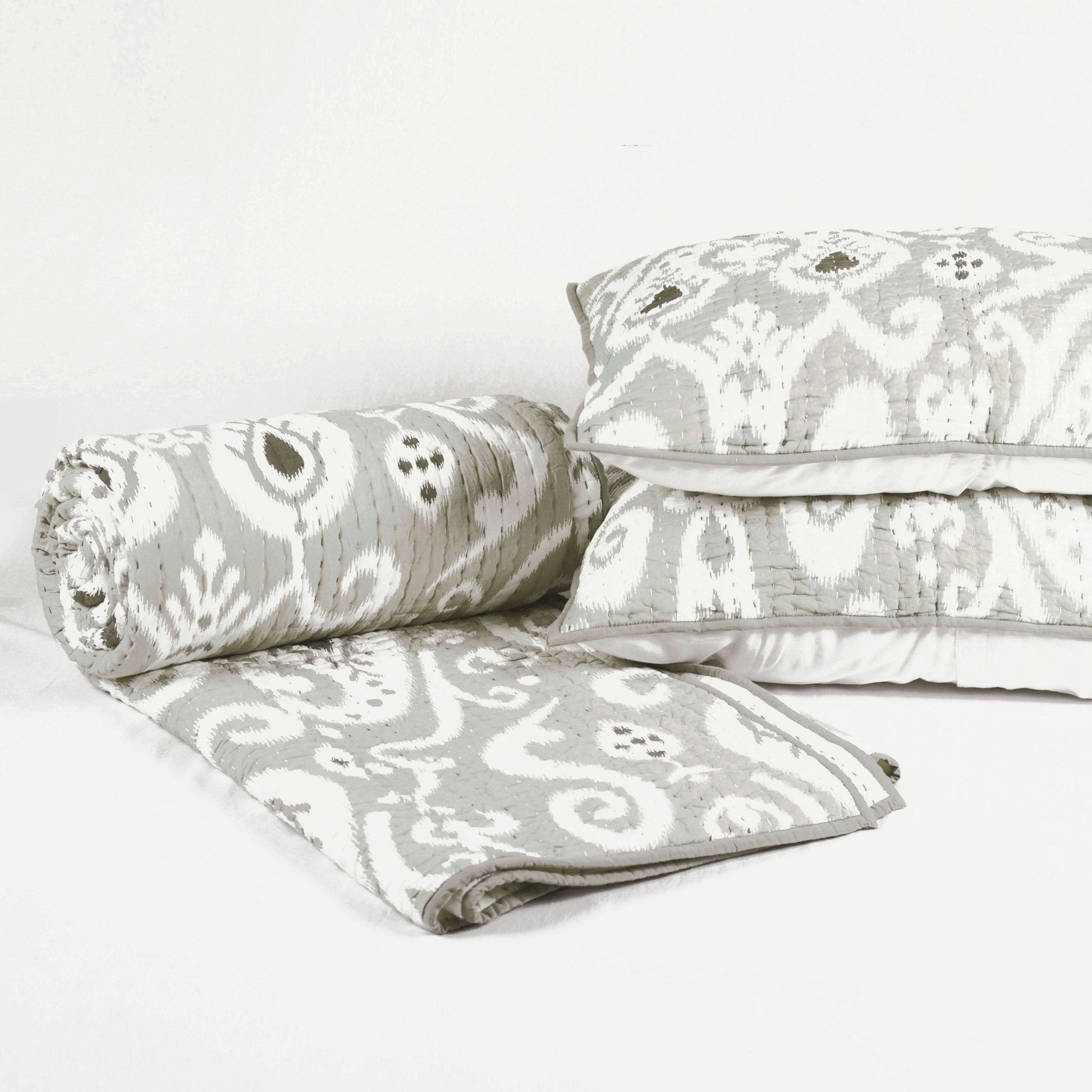 Grey Ikat Print Kantha Quilt Set with Stripe Pattern