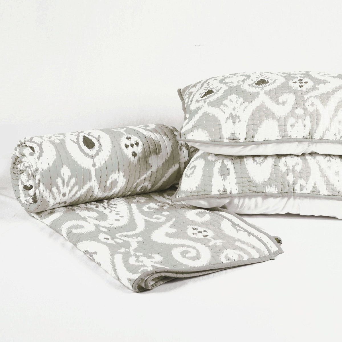 Grey Ikat Print Kantha Quilted Bed Set | Chevron Pattern | Handmade | Twin, Queen & King