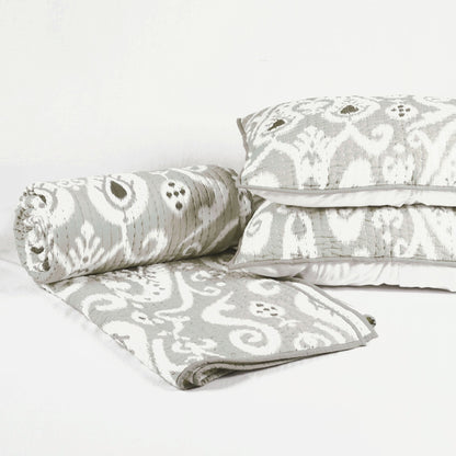 Grey Ikat Print Kantha Quilted Bed Set | Chevron Pattern | Handmade | Twin, Queen & King