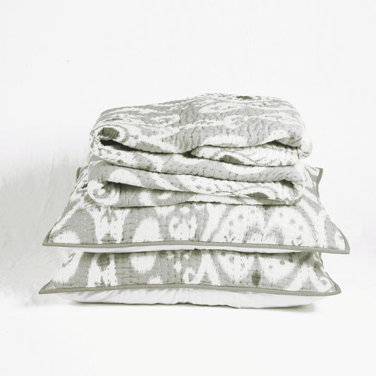 Grey Ikat Print Kantha Quilt Set with Stripe Pattern