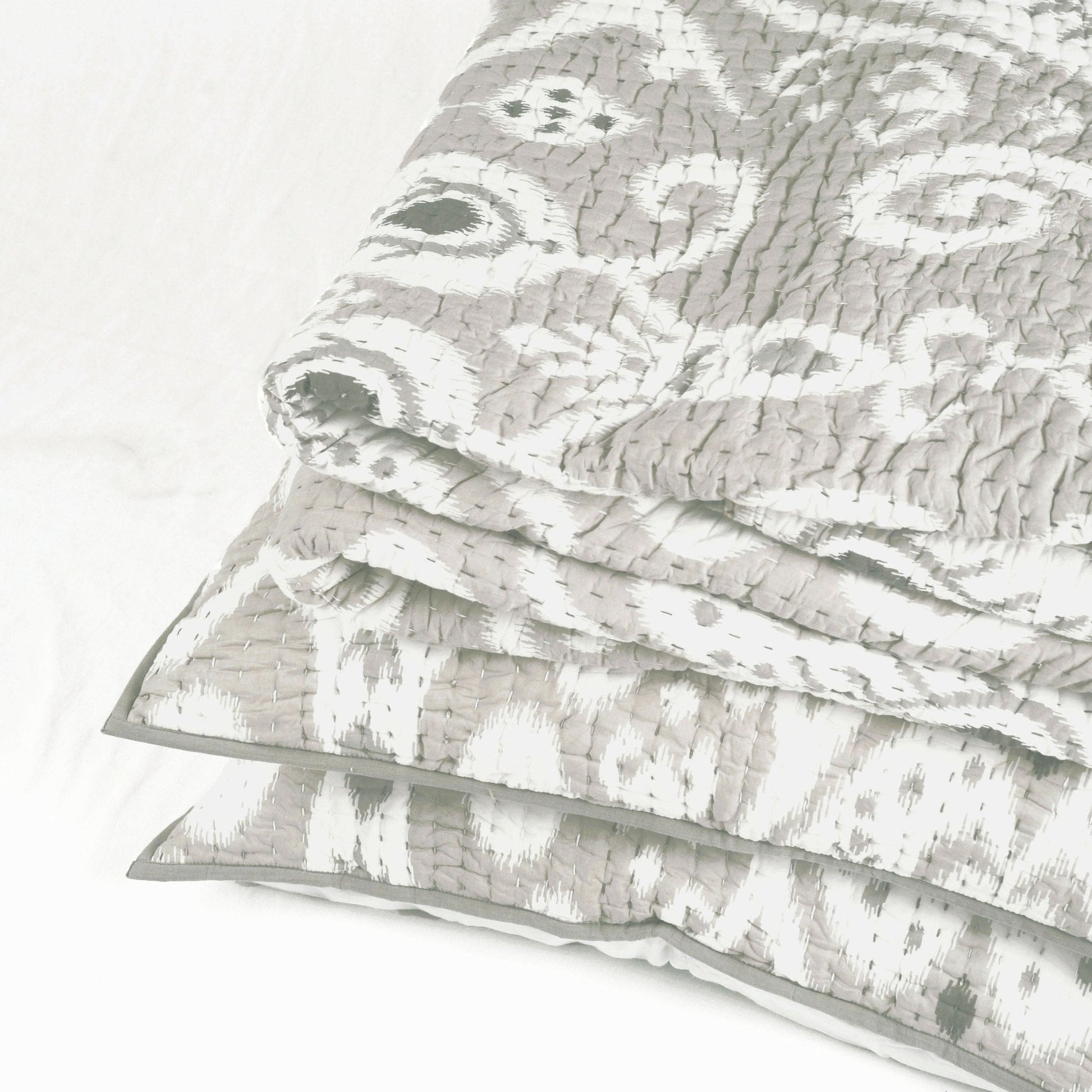 Grey Ikat Print Kantha Quilt Set with Stripe Pattern