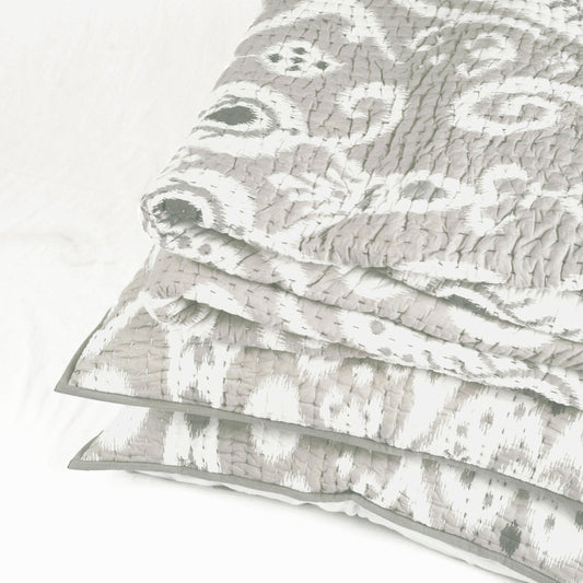Grey Ikat Print Kantha Quilt Set with Stripe Pattern