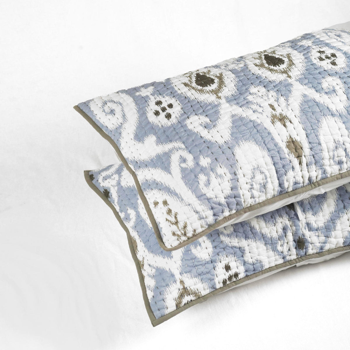 Blue Ikat Print Kantha Pillow Sham | Stripe Pattern Quilting | Standard, Queen, King & Euro