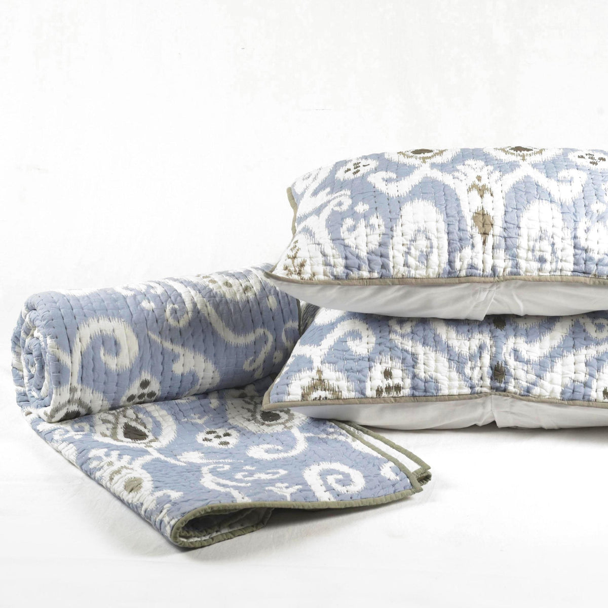 Blue Ikat Print Quilted Bed Set | Stripe Pattern Quilting | Twin, Queen & King