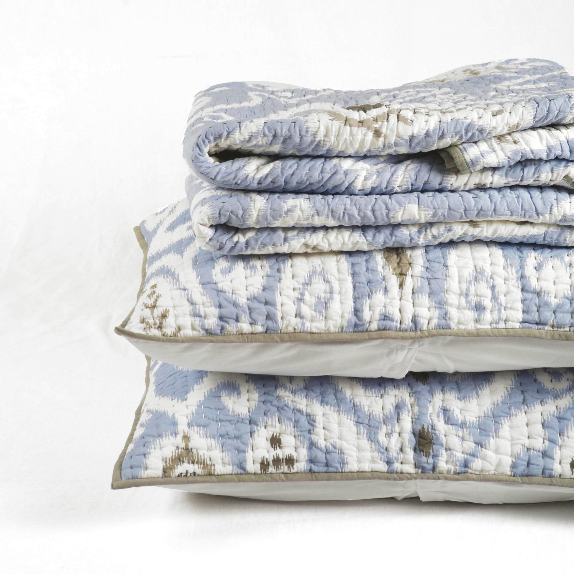 Blue Ikat Chevron Quilted Bed Set with Pillow Cases