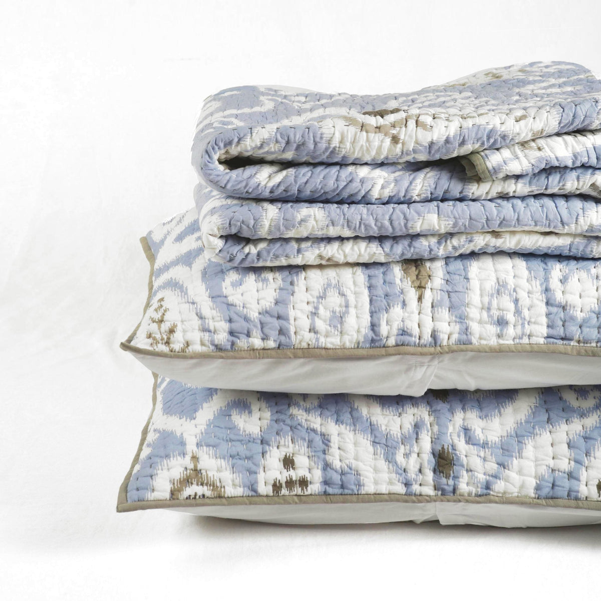 Blue Ikat Print Quilted Bed Set | Stripe Pattern Quilting | Twin, Queen & King