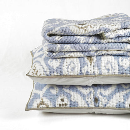 Blue Ikat Print Quilted Bed Set | Stripe Pattern Quilting | Twin, Queen & King