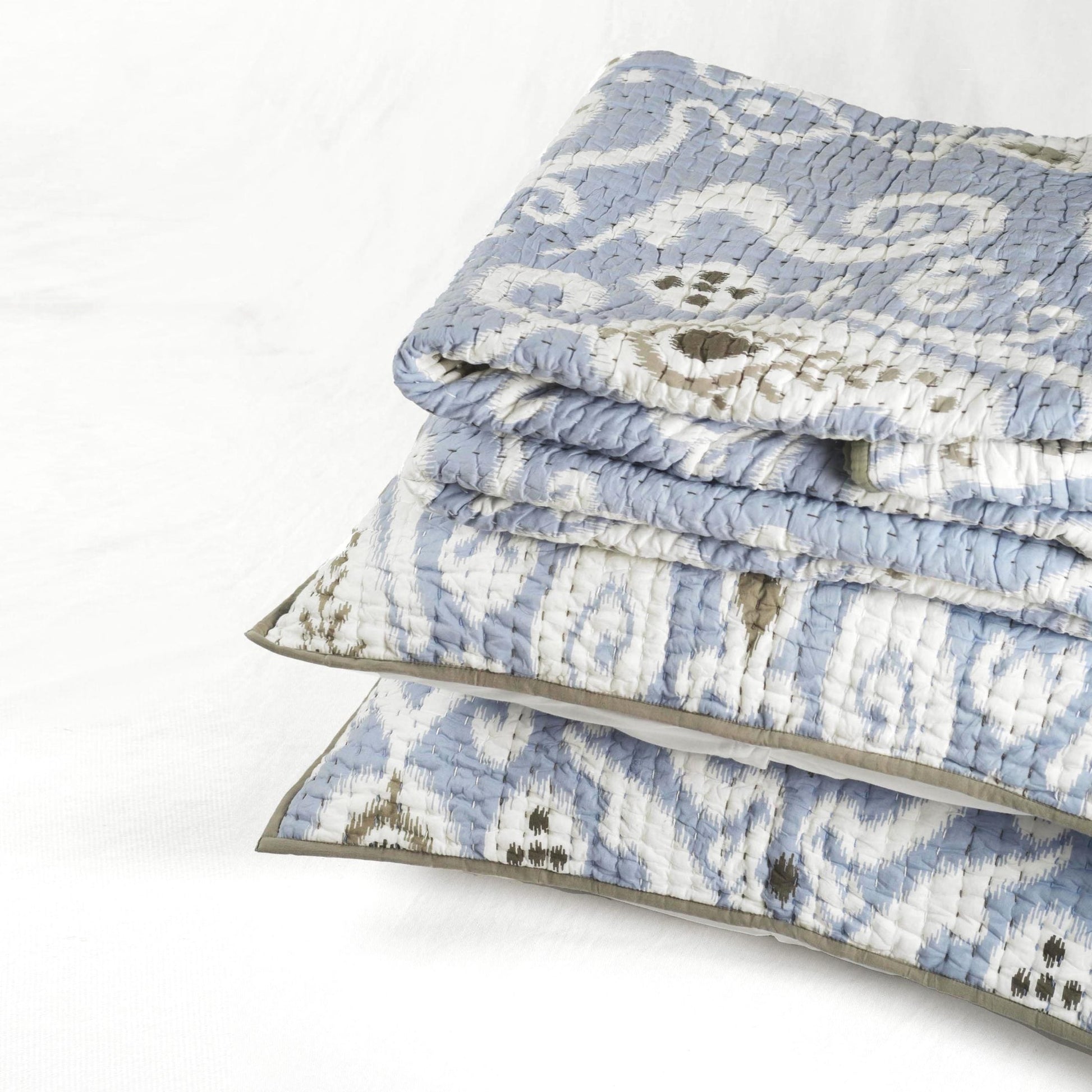 Blue Ikat Kantha Quilted Pillow Sham with Stripe Pattern