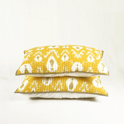 Yellow Ikat Print Kantha Quilt Bed Set | Stripe Pattern Quilting | 100% Cotton | Handmade
