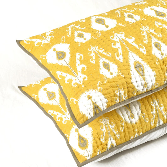 Yellow Ikat Print Kantha Quilted Pillow Cases | Handmade | Multiple Sizes