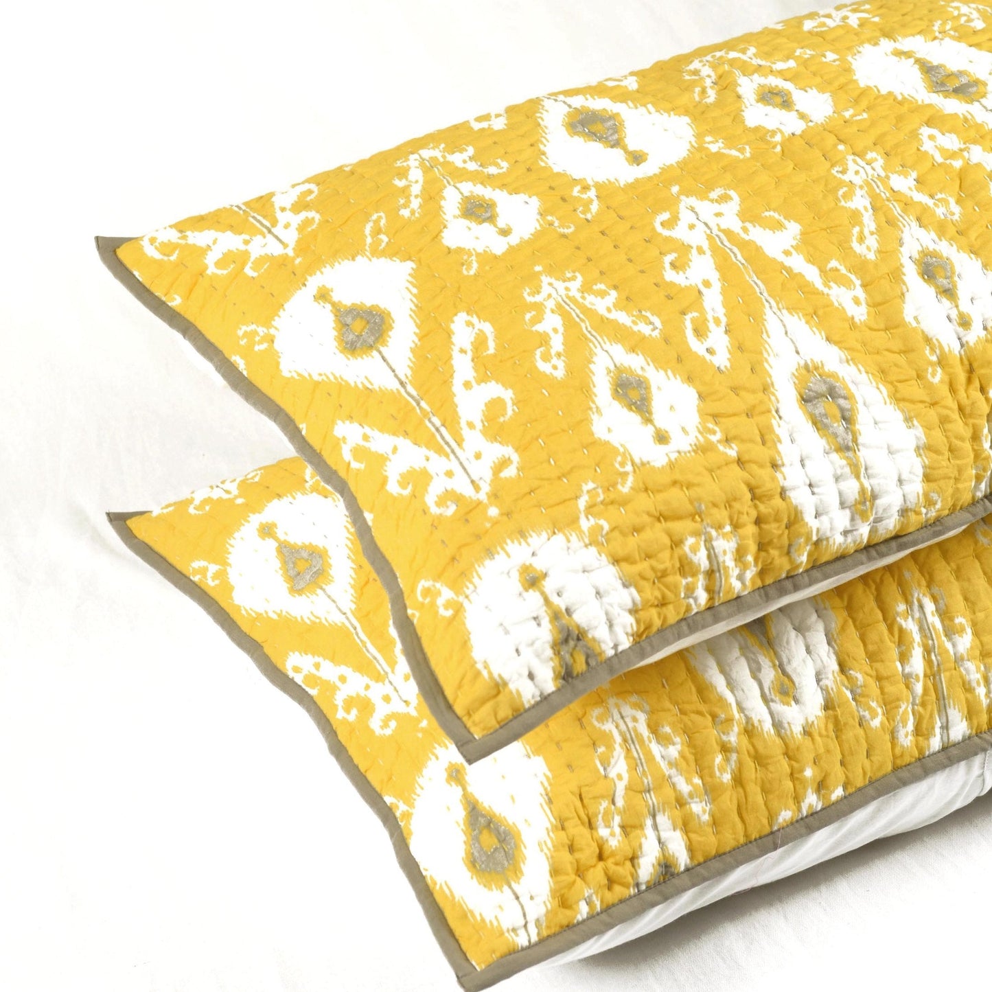 Yellow Ikat Print Kantha Quilted Pillowcase Vibrant Boho Cushion