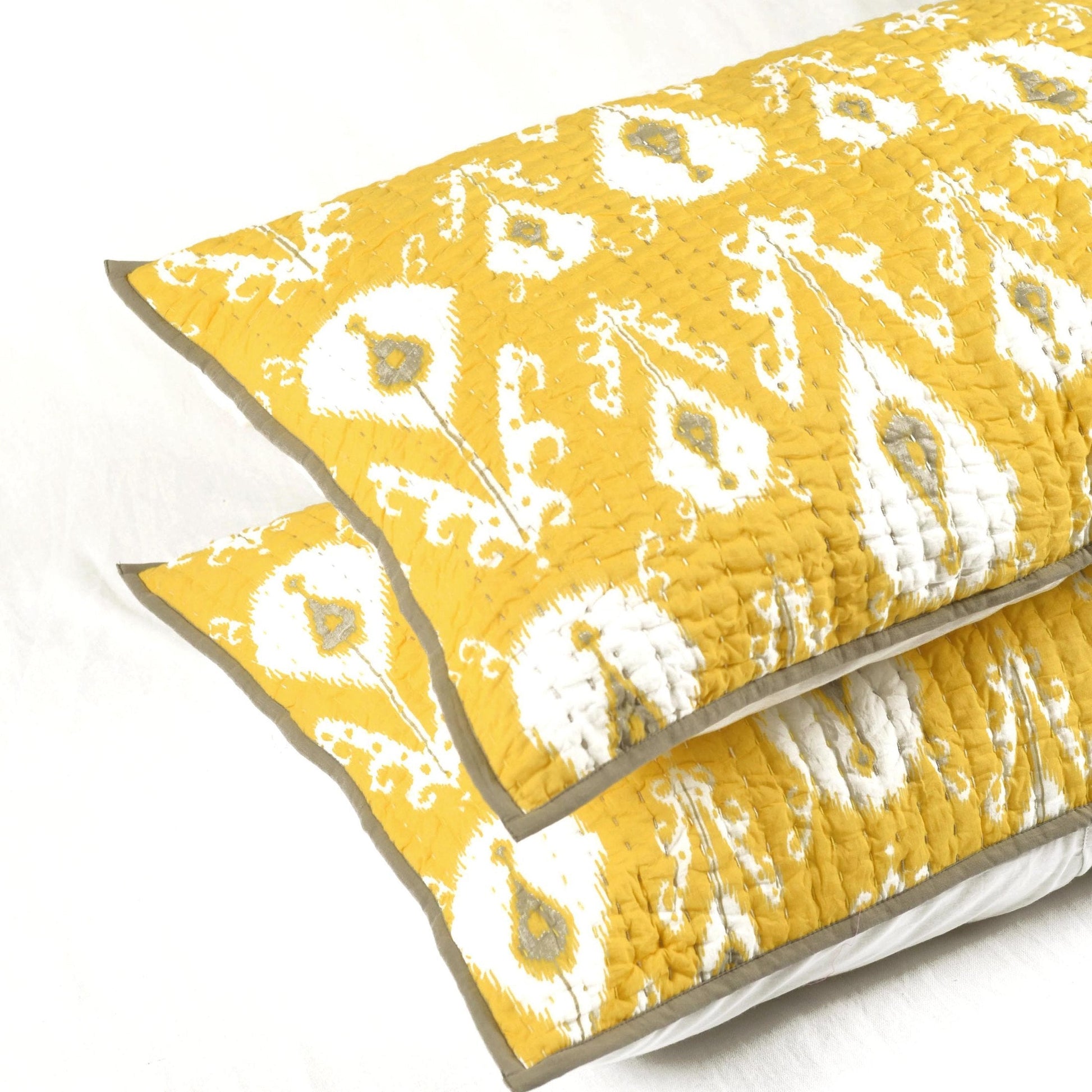 Yellow Ikat Print Kantha Quilted Pillowcase Vibrant Boho Cushion