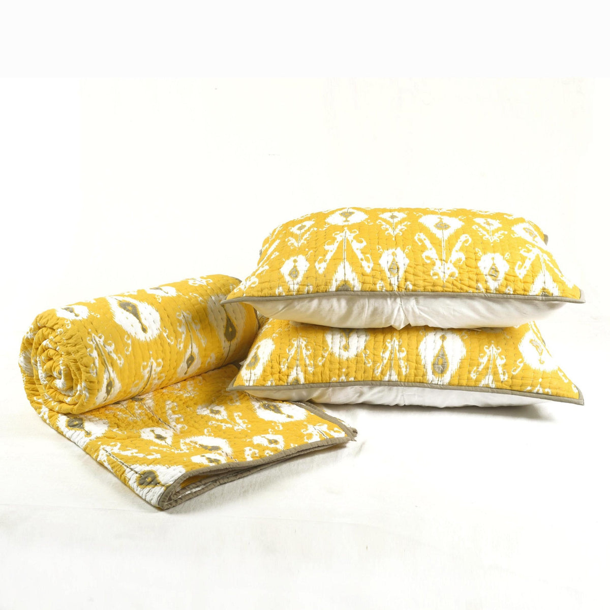 Yellow Ikat Print Kantha Quilt Bed Set | Stripe Pattern Quilting | 100% Cotton | Handmade