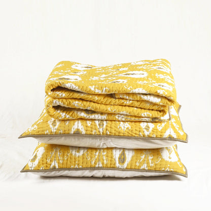 Yellow Ikat Print Kantha Quilt Bed Set | Stripe Pattern Quilting | 100% Cotton | Handmade