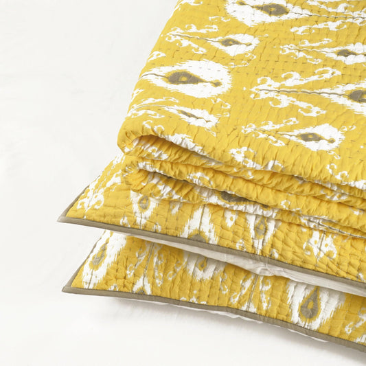 Yellow Ikat Kantha Quilted Bed Set with Stripe Pattern