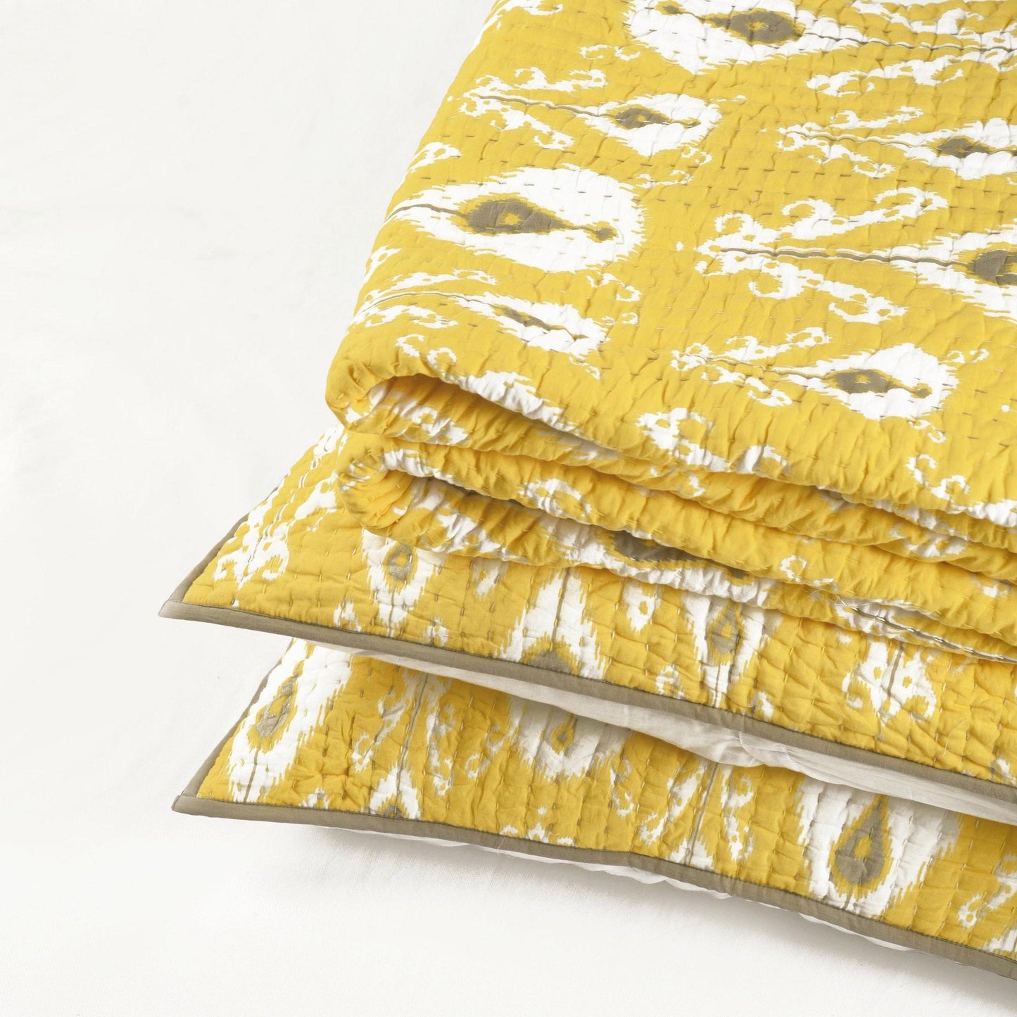 Yellow Ikat Print Kantha Quilted Pillowcase Vibrant Boho Cushion
