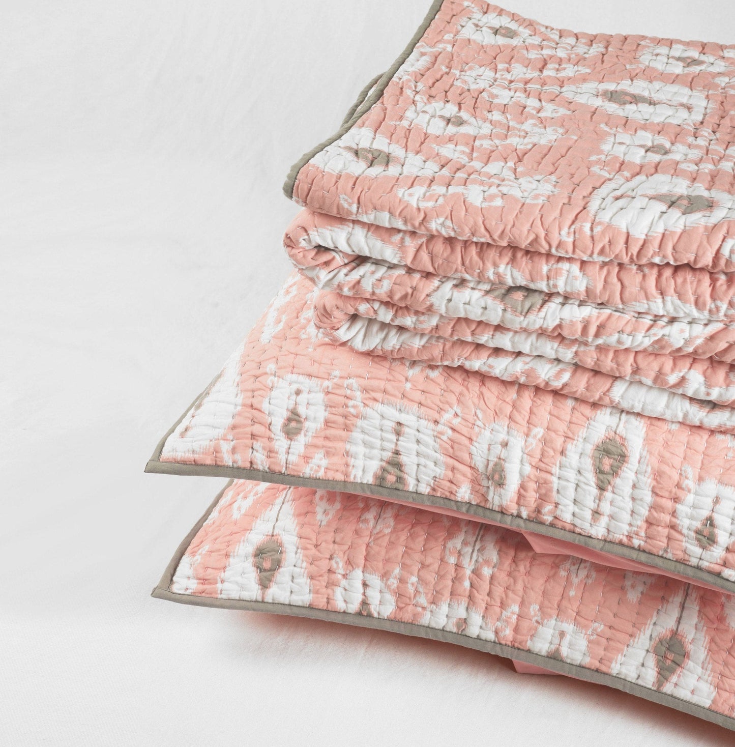 Coral Ikat Kantha Quilt – Chevron Stripe Pattern Twin Queen King