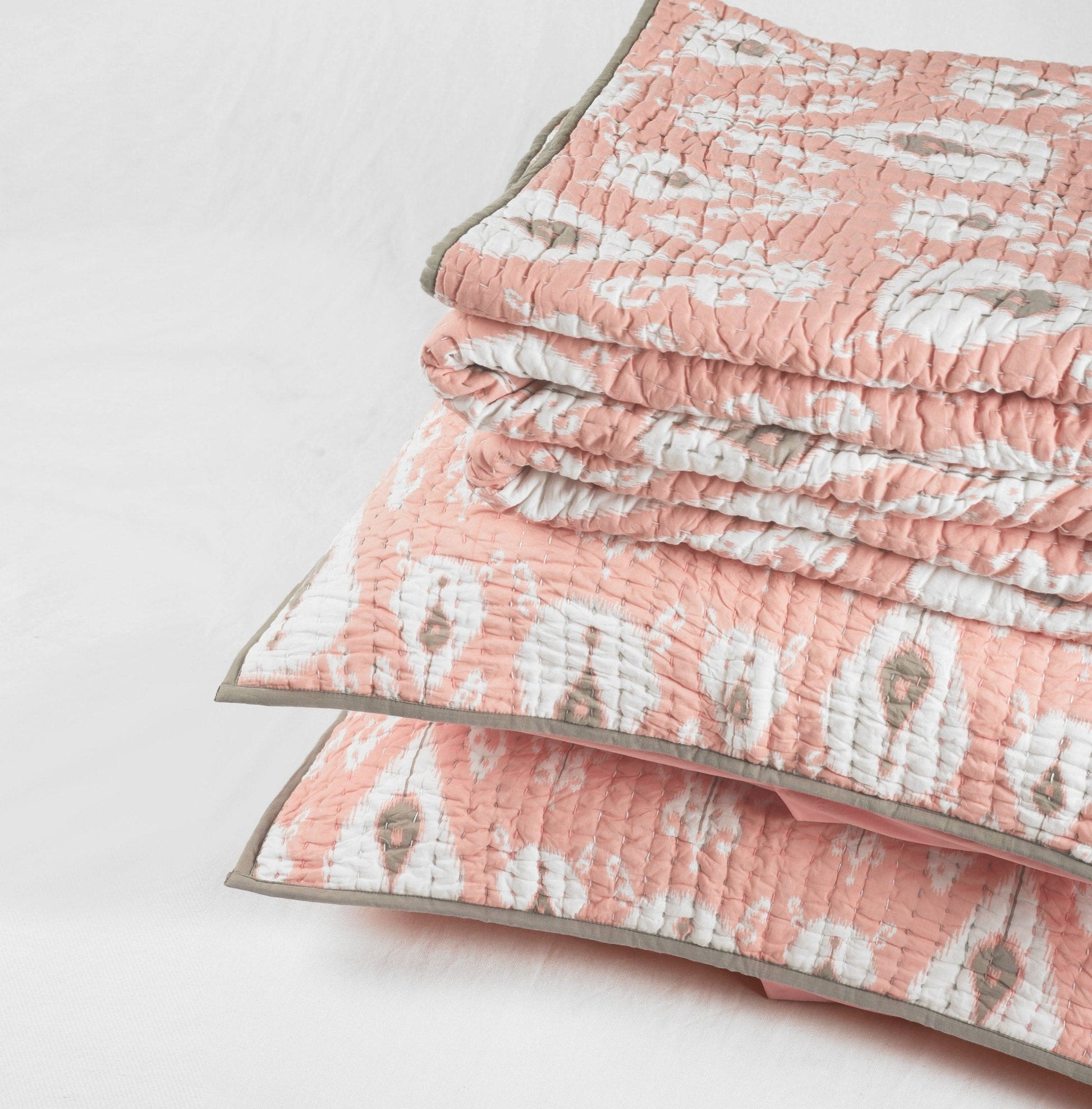 Coral Ikat Kantha Quilt – Chevron Stripe Pattern Twin Queen King