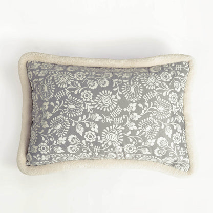 Svenska - Grey & Off White Lumbar Cushion Cover | Faux Suede | Khari Print | Nordic Style
