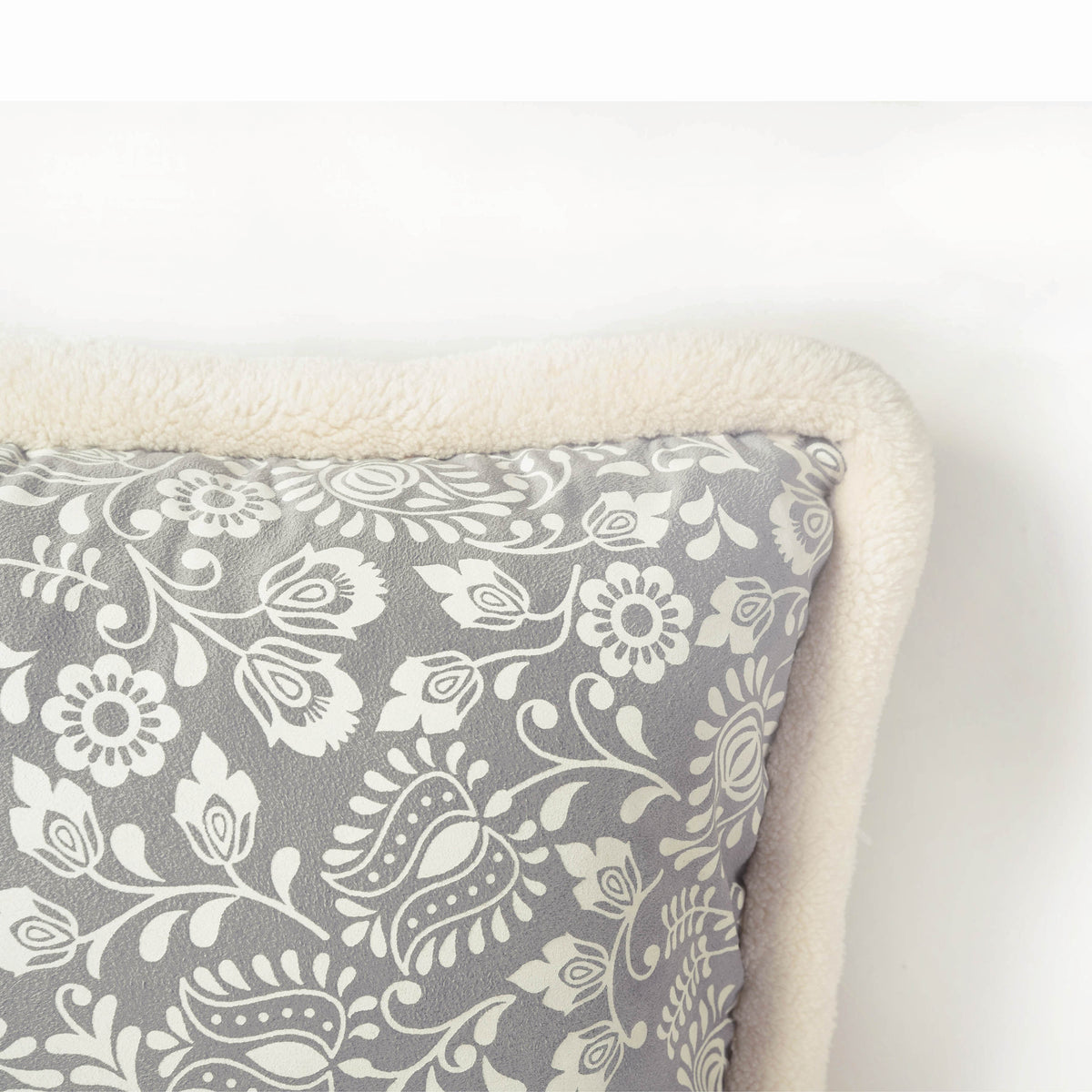 Svenska - Grey & Off White Lumbar Cushion Cover | Faux Suede | Khari Print | Nordic Style