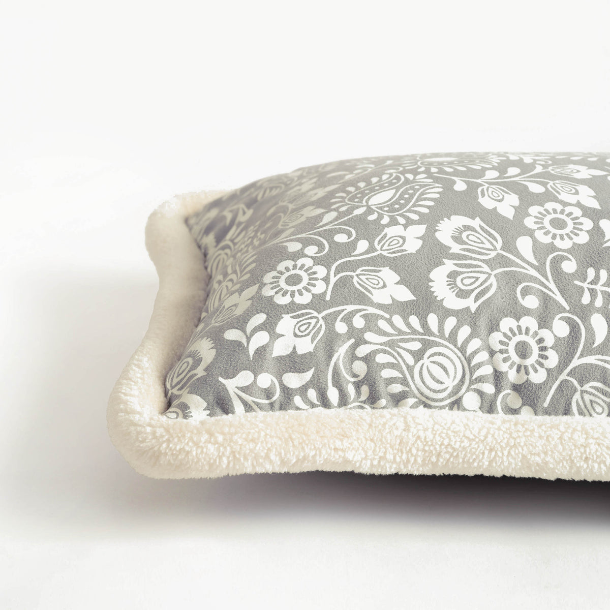 Svenska - Grey & Off White Lumbar Cushion Cover | Faux Suede | Khari Print | Nordic Style