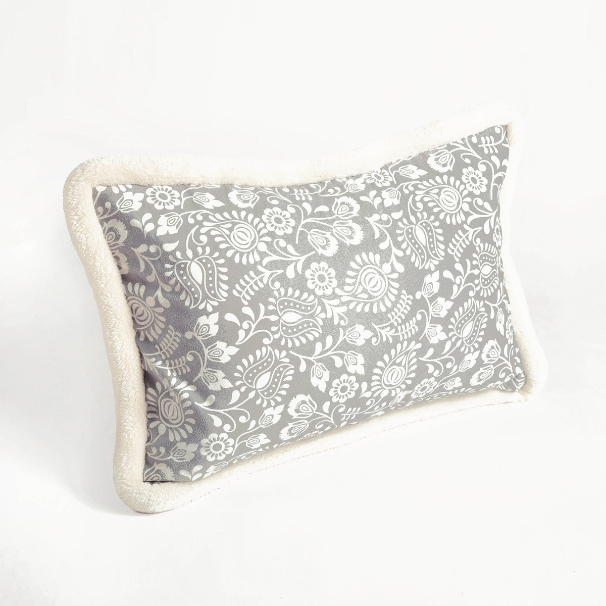 Svenska - Grey & Off White Lumbar Cushion Cover | Faux Suede | Khari Print | Nordic Style