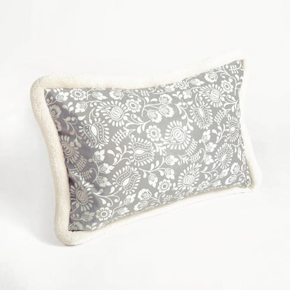 Svenska - Grey & Off White Lumbar Cushion Cover | Faux Suede | Khari Print | Nordic Style