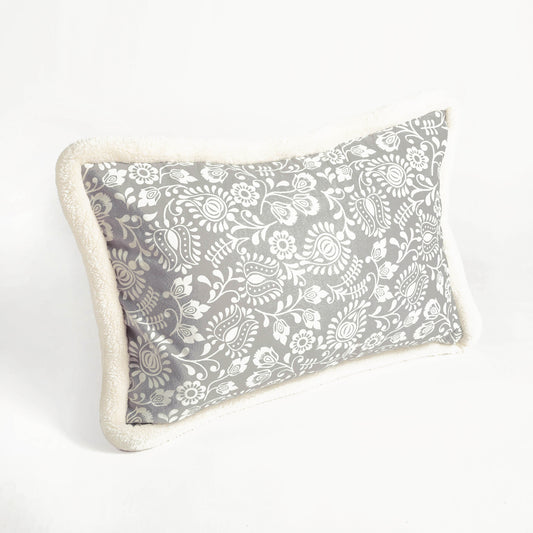 Svenska - Grey & Off White Lumbar Cushion Cover | Faux Suede | Khari Print | Nordic Style