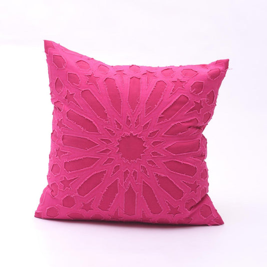 Fuschia Cotton Pillow Cover with Geometric Arabesque Applique