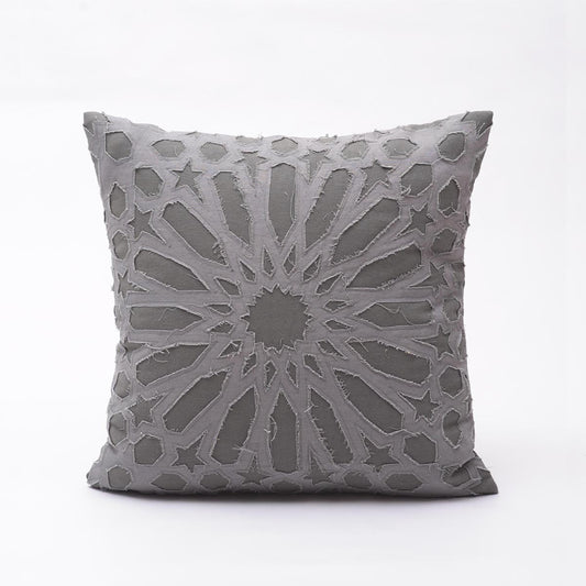Elegant Grey Cotton Pillow Cover with Geometric Arabesque Applique