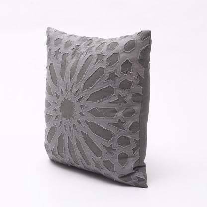 Elegant Grey Cotton Pillow Cover with Geometric Arabesque Applique